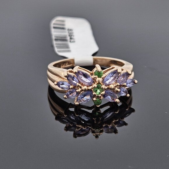 14K Yellow Gold Tanzanite & Emerald Flower Motif Cluster Gemstone Ring Size 8 - Picture 16 of 16